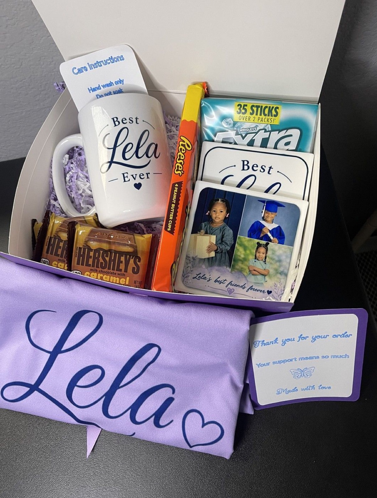 Complete personalized gift set with mug, photo coasters and custom shirt